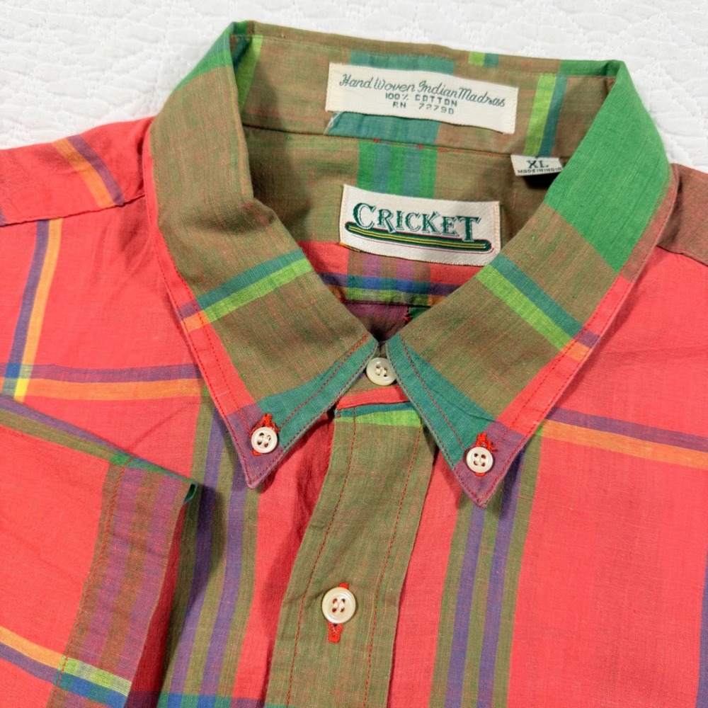 Vintage St. John Cricket Hand Woven Indian Madras Shirt XL Plaid Short Sleeve
